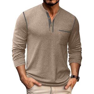 Coofandy Men Khaki Henley Long Sleeve Pullover Button T-Shirt  with Pocket